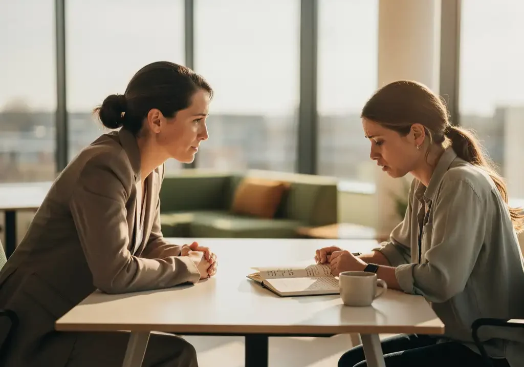Arbeidsdeskundige in gesprek met een gestreste medewerker aan een modern bureau, met notitieboek en koffiekopje in warm kantoorlicht.