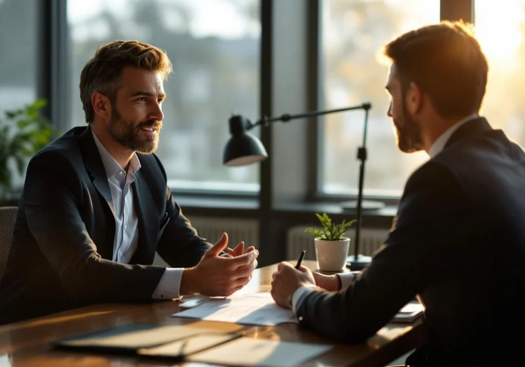 Arbeidsdeskundige in gesprek met cliënt aan bureau, documenten besprekend in modern kantoor met natuurlijk licht
