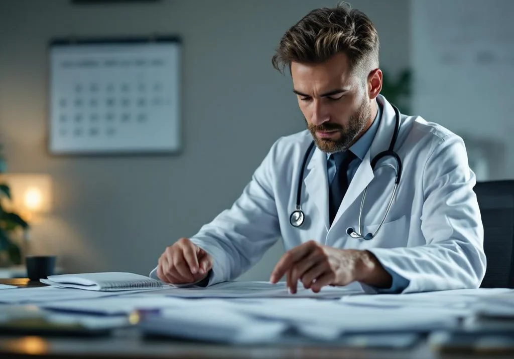 Beroepsmatige arbeidsgezondheidsspecialist in witte jas bekijkt medisch dossier aan bureau met stethoscoop om nek