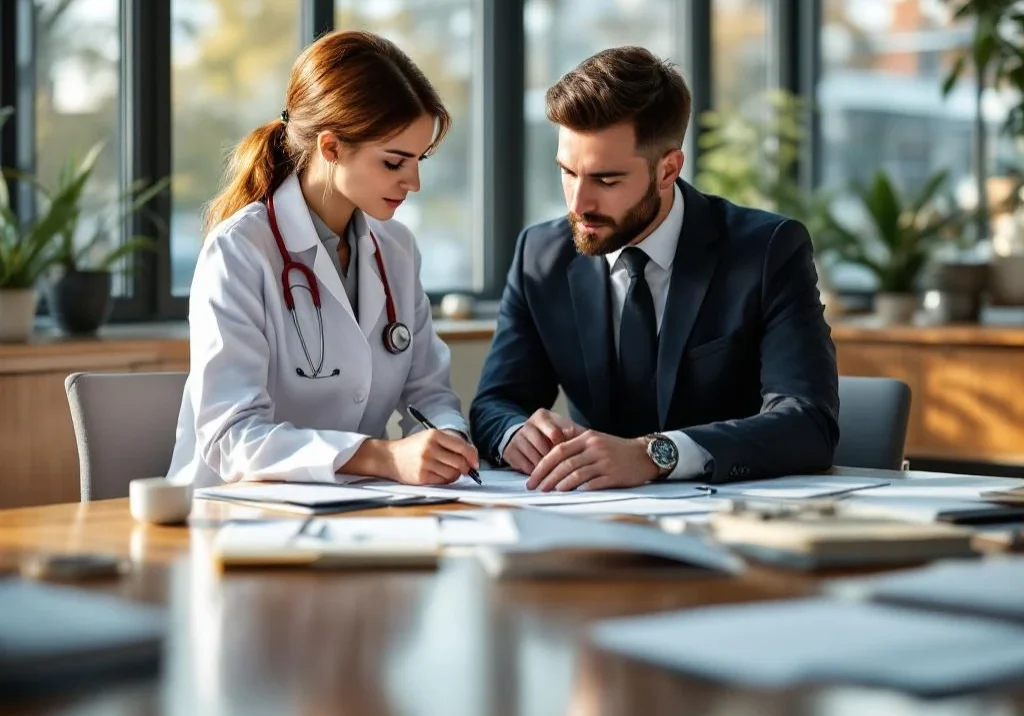 Vrouwelijke arbeidsgezondheidsexpert en mannelijke werkplekspecialist bespreken documenten aan bureau met stethoscoop