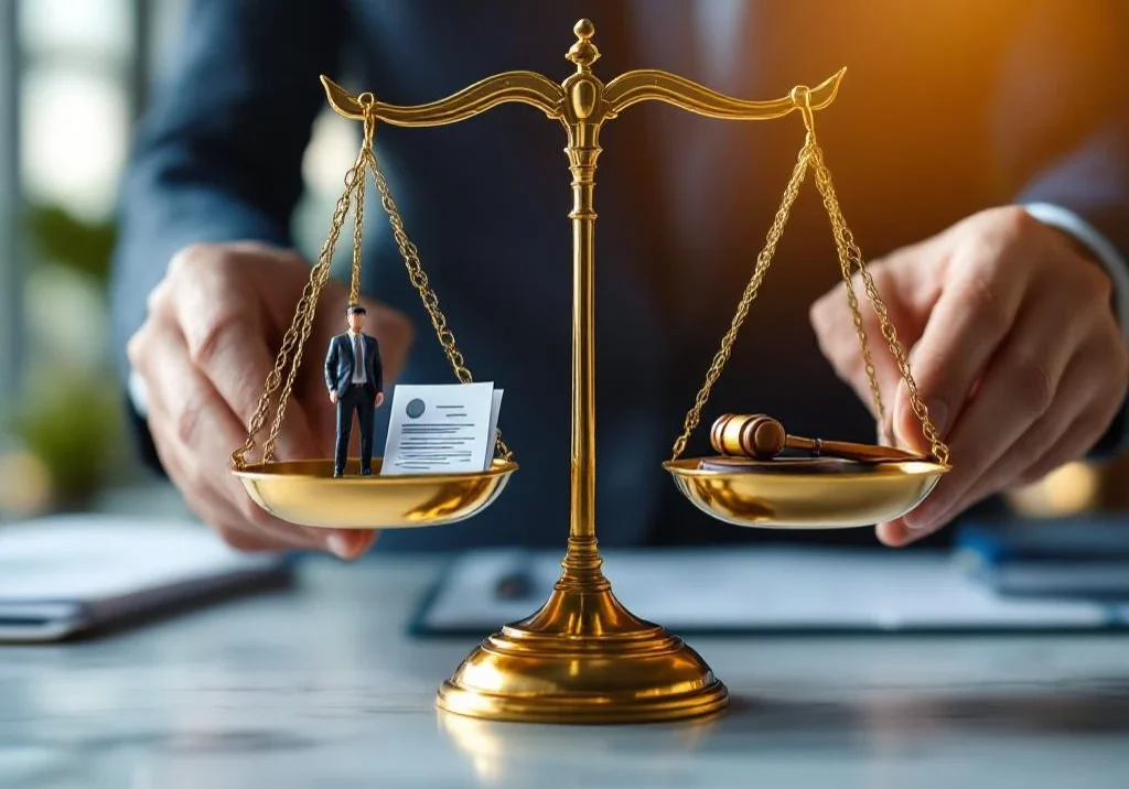 Professionele handen houden gouden weegschaal met zakenman en juridische documenten in modern kantoor