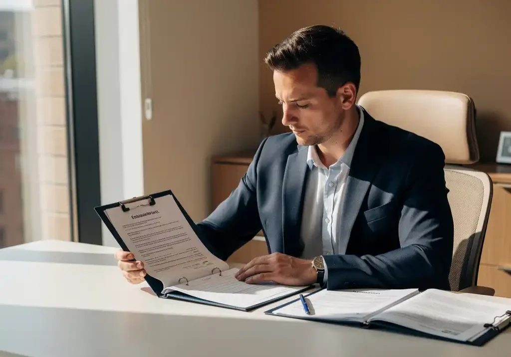 Bedrijfsarts in professionele kleding bestudeert medisch dossier aan modern bureau met openliggende arbeidsovereenkomst.