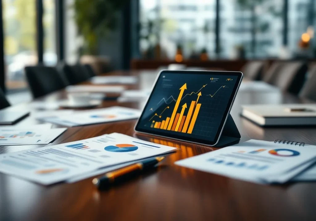 Zakelijke rapporten en grafieken met stijgende pijlen op mahonie vergadertafel met tablet en analytics dashboard