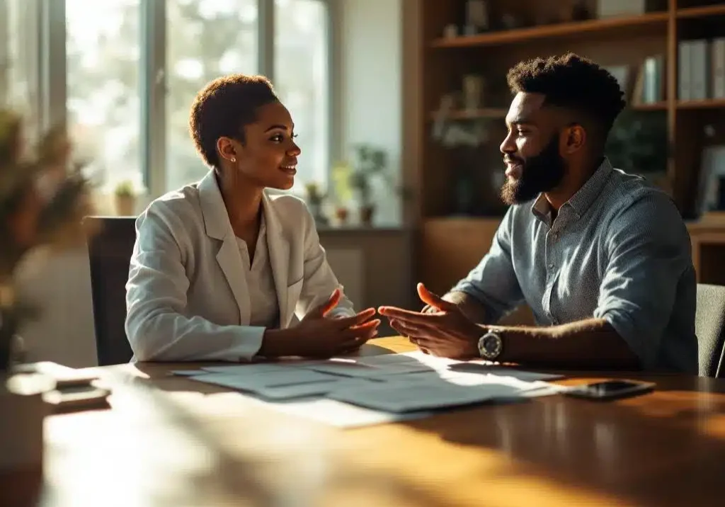 Professionele counselor bespreekt reïntegratiedocumenten met cliënt aan houten bureau in licht kantoor