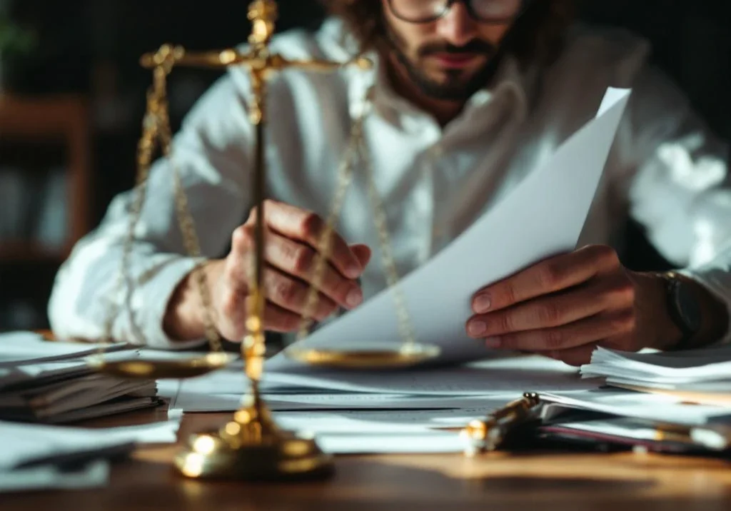 Professionele beoordelaar onderzoekt documenten met vergrootglas naast weegschaal en medische dossiers op bureau