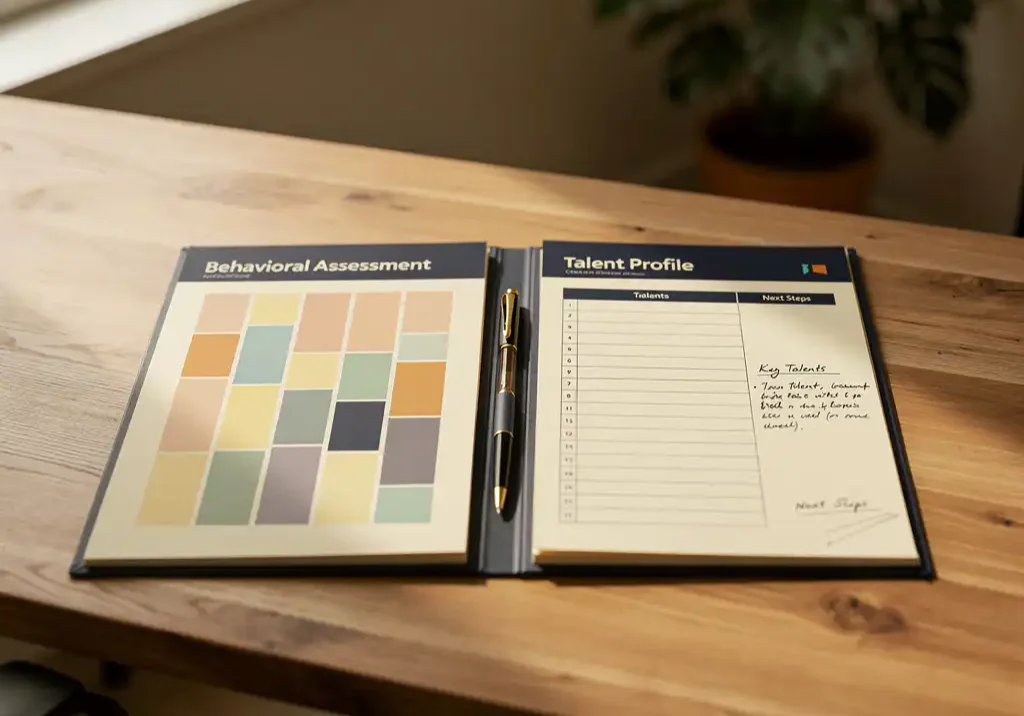 Twee open professionele beoordelingsmappen op een eikenhouten bureau, met een kleurgecodeerd gedragsschema en een gedetailleerd talentprofiel met handgeschreven notities.