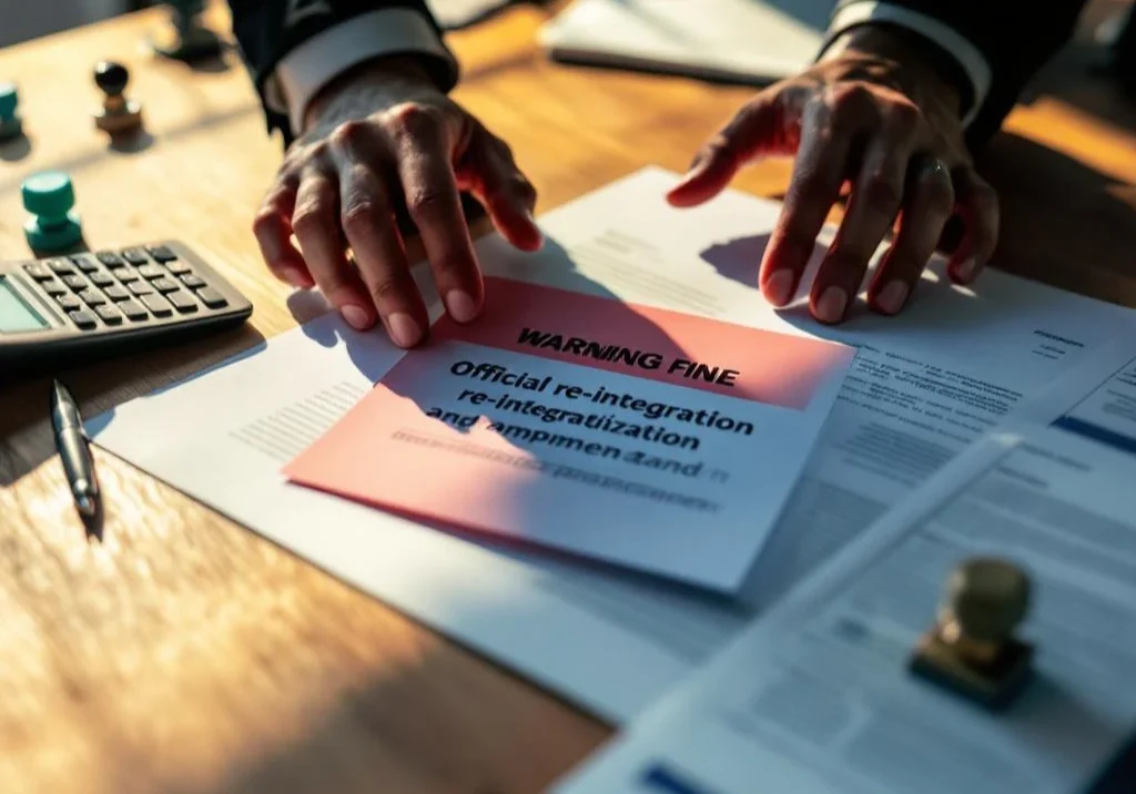 Rode waarschuwingsbrief op kantoorbureau met zakenmanhanden die bezorgd naar officiële documenten reiken