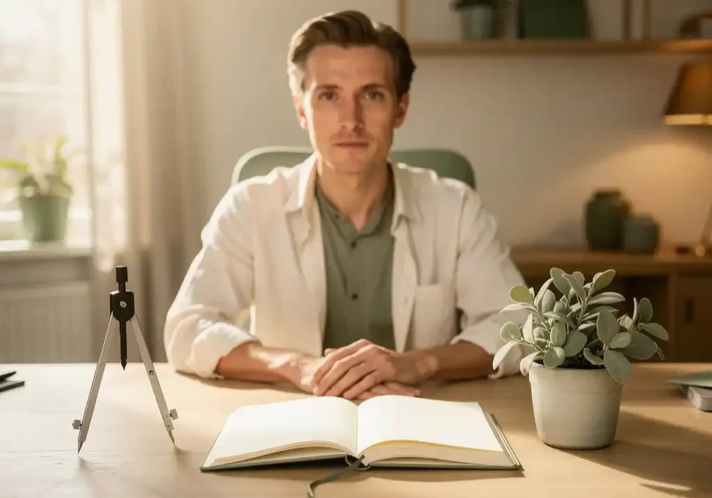 Persoon aan houten bureau met kompas, opengeslagen dagboek en kamerplant in warm verlicht kantoor.
