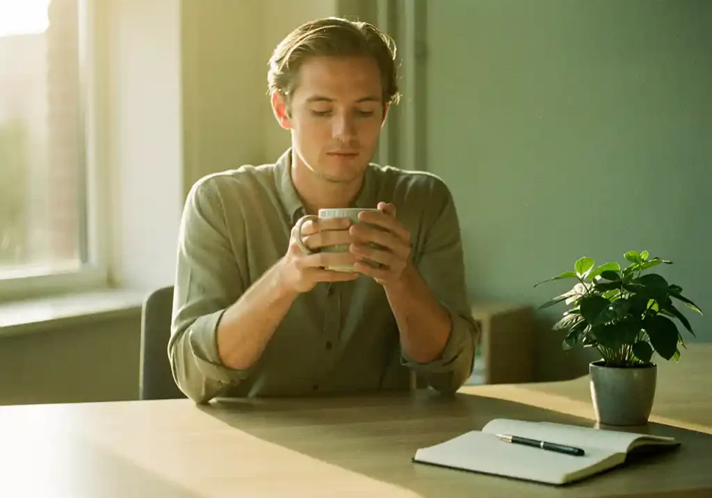 Uitgebrande professional ontspant aan bureau met koffie in ochtendlicht, groen plantje en notitieboek op de voorgrond, rustige kantooromgeving.