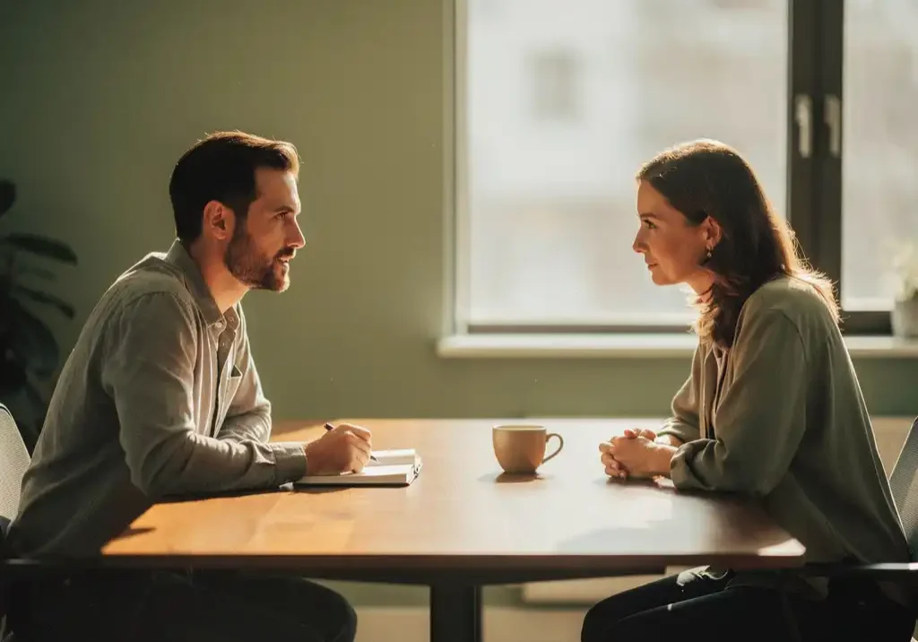 Coach en cliënt in gesprek aan houten tafel met notitieboek en koffie, warm natuurlijk licht, rustige sfeer.