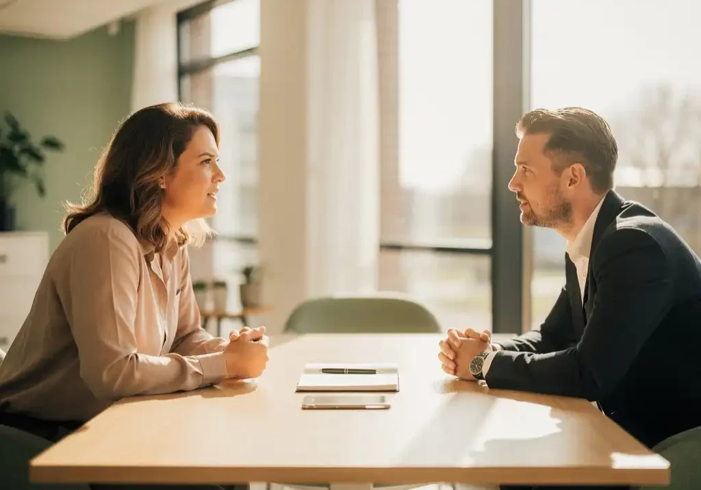 Gecertificeerde coach en professional in gesprek aan tafel in modern Nederlands kantoor met warm natuurlijk licht.