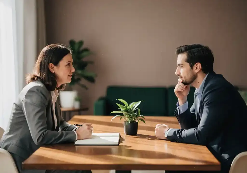 Coach en medewerker in gesprek aan een houten tafel in modern kantoor, notitieboek en plant op de voorgrond, warm natuurlijk licht.