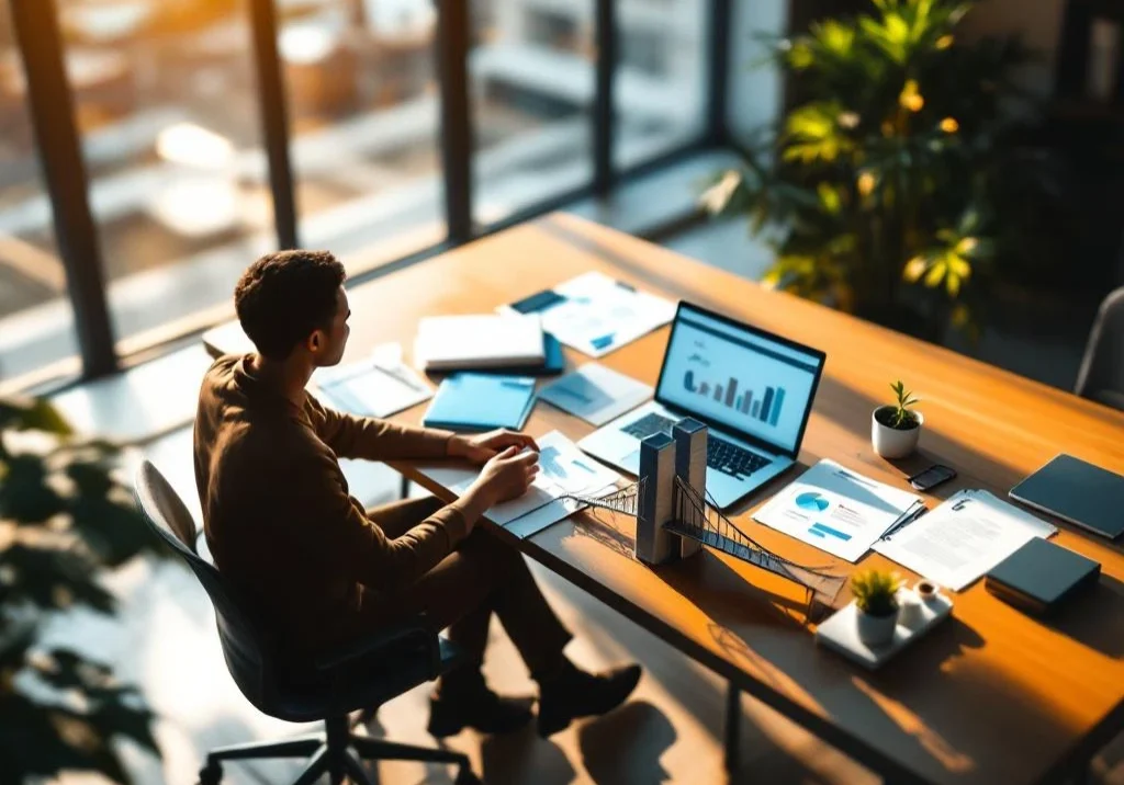 Professionele coaching sessie met twee silhouetten aan bureau, laptop met grafieken en brugmodel voor carrièretransitie