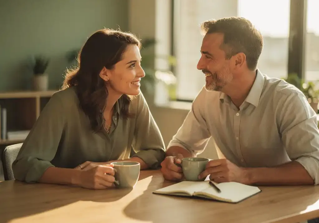 Twee collega's in gesprek aan een zonnig kantaartafel, één leunt aandachtig naar de ander met koffie en notitieboek erbij.