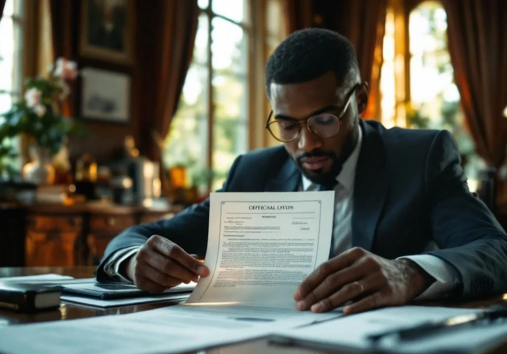 Professionele consultant in pak onderzoekt juridisch document met vergrootglas aan bureau in advocatenkantoor