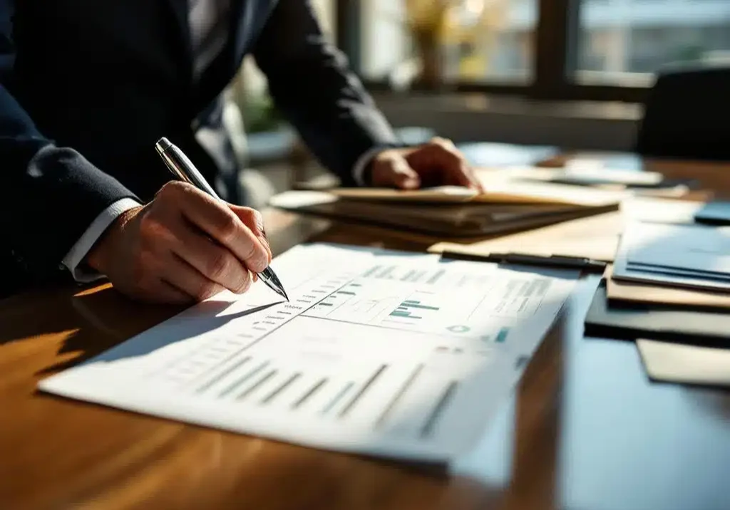 Professionele consultant analyseert projecttijdlijn op conferentietafel met pen, documenten en natuurlijk licht