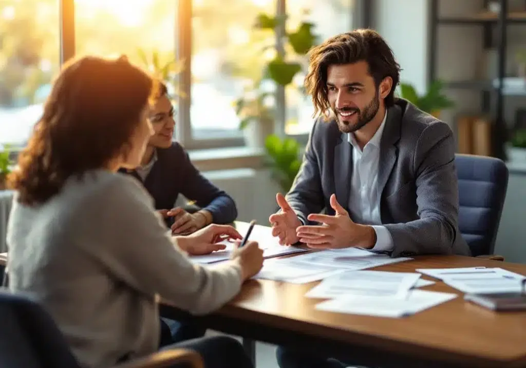 Professionele counselor bespreekt re-integratie documenten met cliënt in moderne kantoorruimte met natuurlijk licht