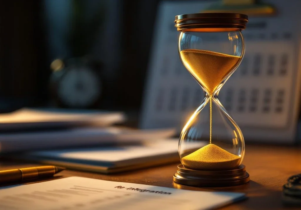 Elegante zandloper met gouden zand op houten bureau naast documenten en kalender met omcirkelde deadlines