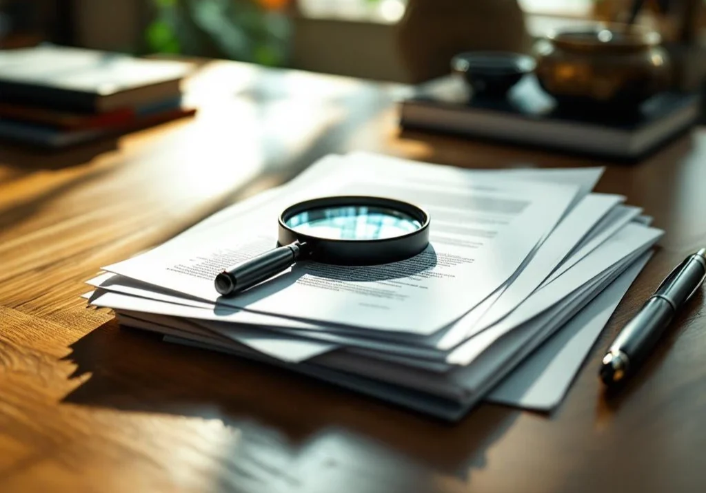 Stapel officiële documenten op houten bureau met vergrootglas en pen, natuurlijk licht vanuit raam