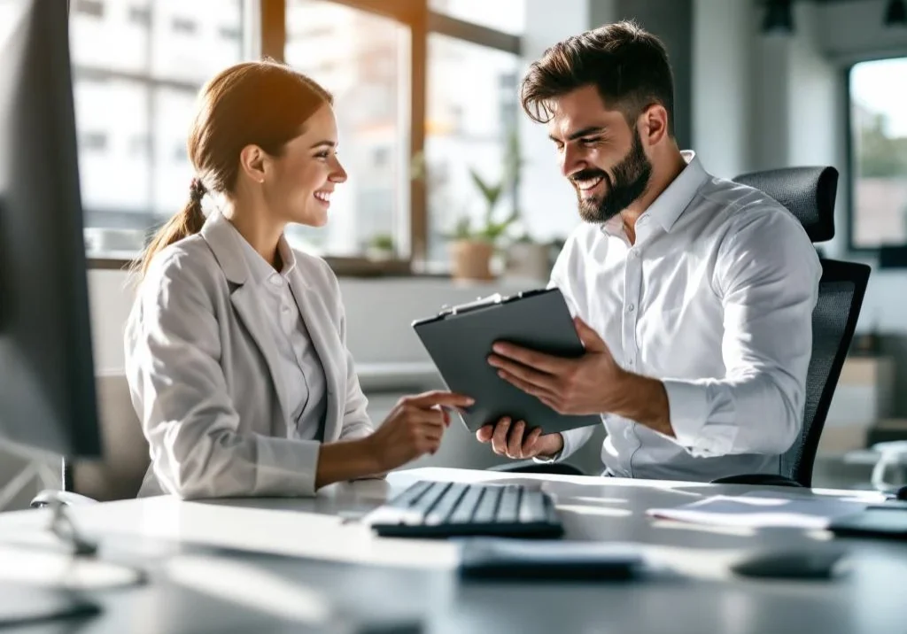 Werkplek ergonomie specialist past bureaustoel aan en wijst naar toetsenbord setup tijdens kantoor consultatie