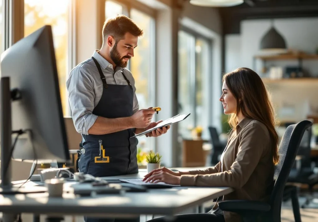 Ergonomiespecialist meet bureauhoogte tijdens werkplekbeoordeling terwijl kantoormedewerker aan verstelbaar bureau zit