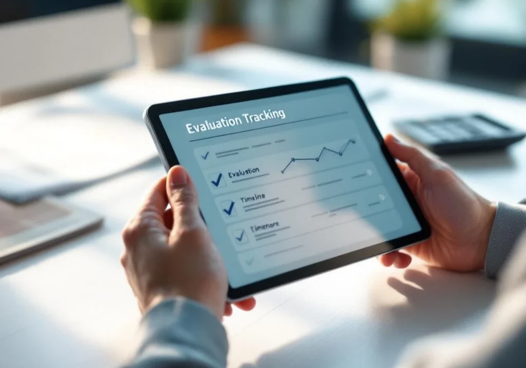 Handen houden tablet met voortgangsinterface op kantoorbureau, evaluatie checkmarks en tijdlijn zichtbaar