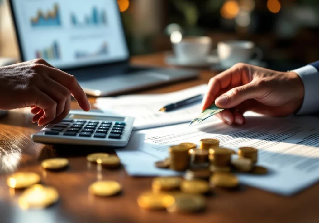 Handen wisselen geld en documenten uit op bureau met calculator, munten en financiële contracten voor zakelijke diensten