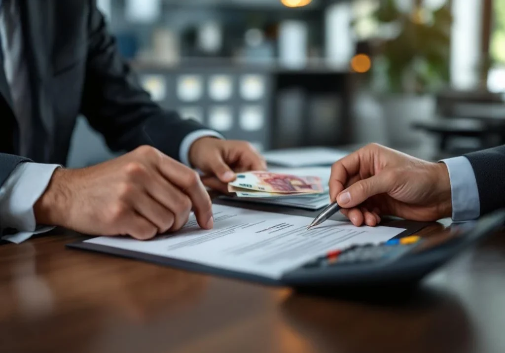 Handen wisselen officiële documenten en eurobiljetten uit op houten bureau met calculator in professionele kantooromgeving