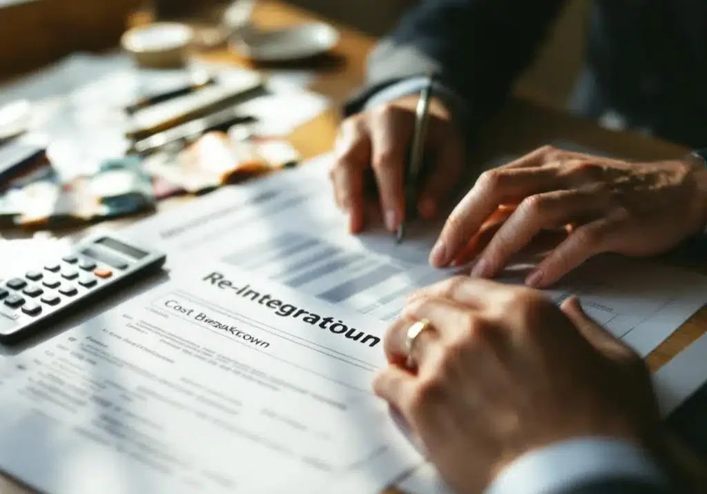 Professionele handen bekijken financiële documenten met rekenmachine, euro bankbiljetten en herintegratieformulieren op bureau