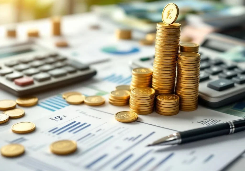 Rekenmachine en financiële documenten op bureau met euro's en munten in spiraal, symboliseert financiële groei