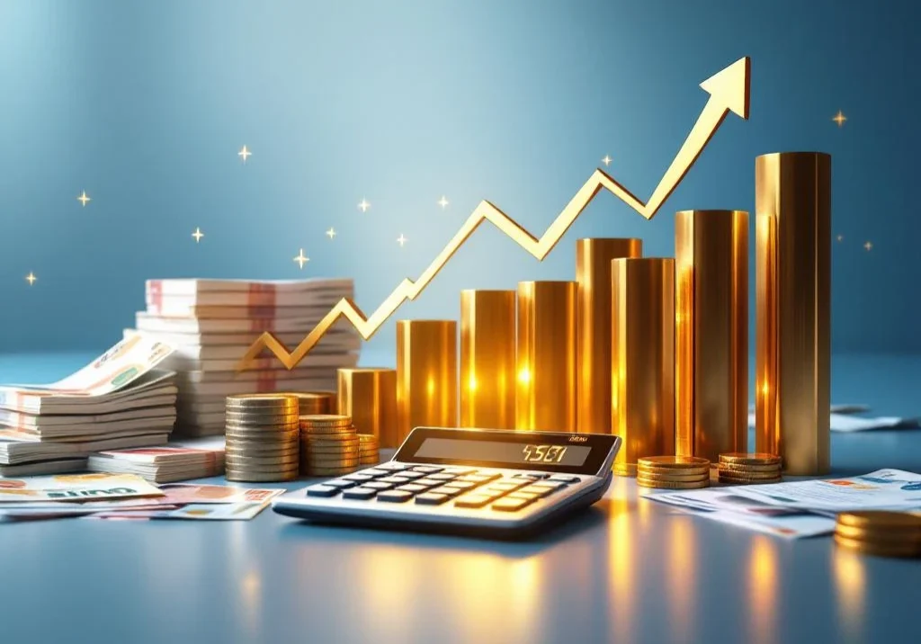 Euro bankbiljetten transformeren naar gouden groei-pijlen en grafieken met calculator en financiële documenten op blauw-wit