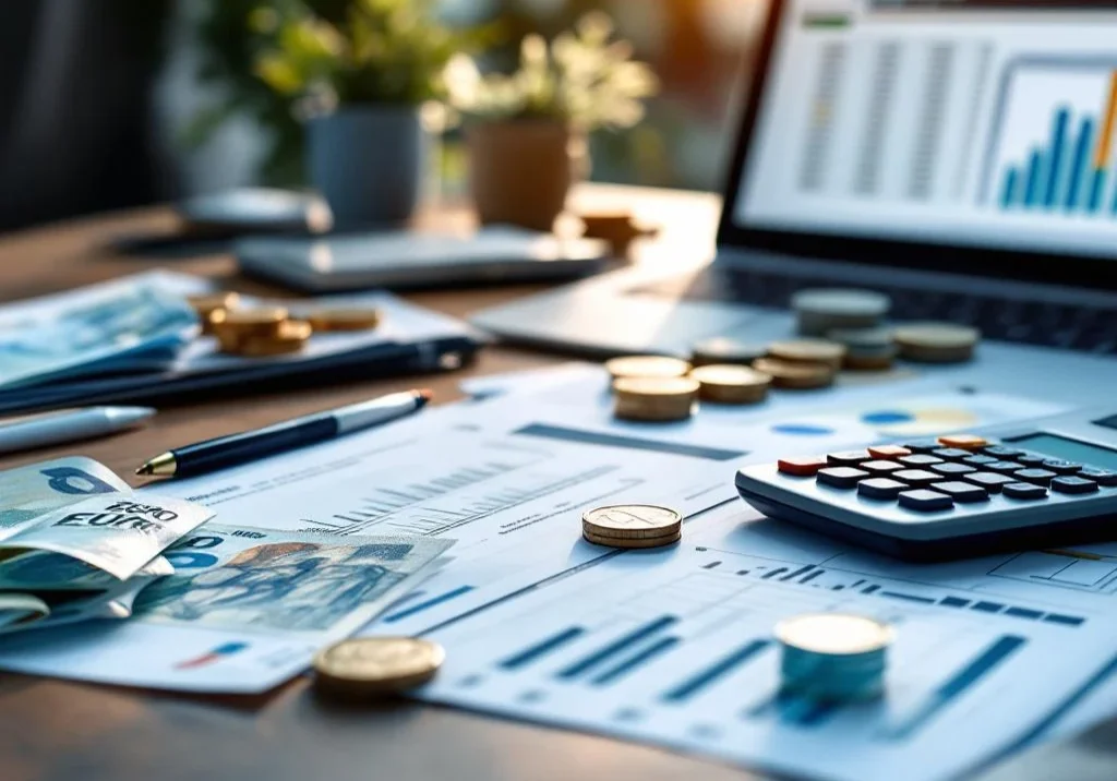 Rekenmachine en financiële documenten op houten bureau met eurobankbiljetten, munten en laptop met spreadsheet