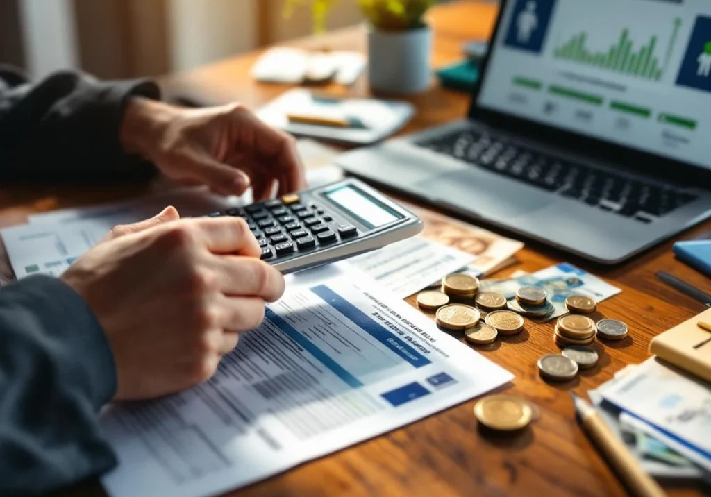 Handen met rekenmachine boven financiële documenten, Euro bankbiljetten en opleidingscertificaten op houten bureau