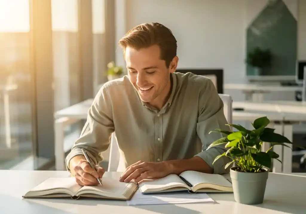Gemotiveerde medewerker aan modern bureau met notitieboeken en kamerplant, gouden ochtendlicht in licht kantoor.