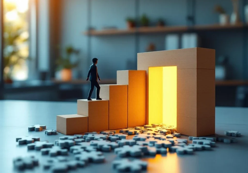Silhouet van persoon die houten trap beklimt naar lichtgevende deur in professionele kantooromgeving met puzzelstukjes