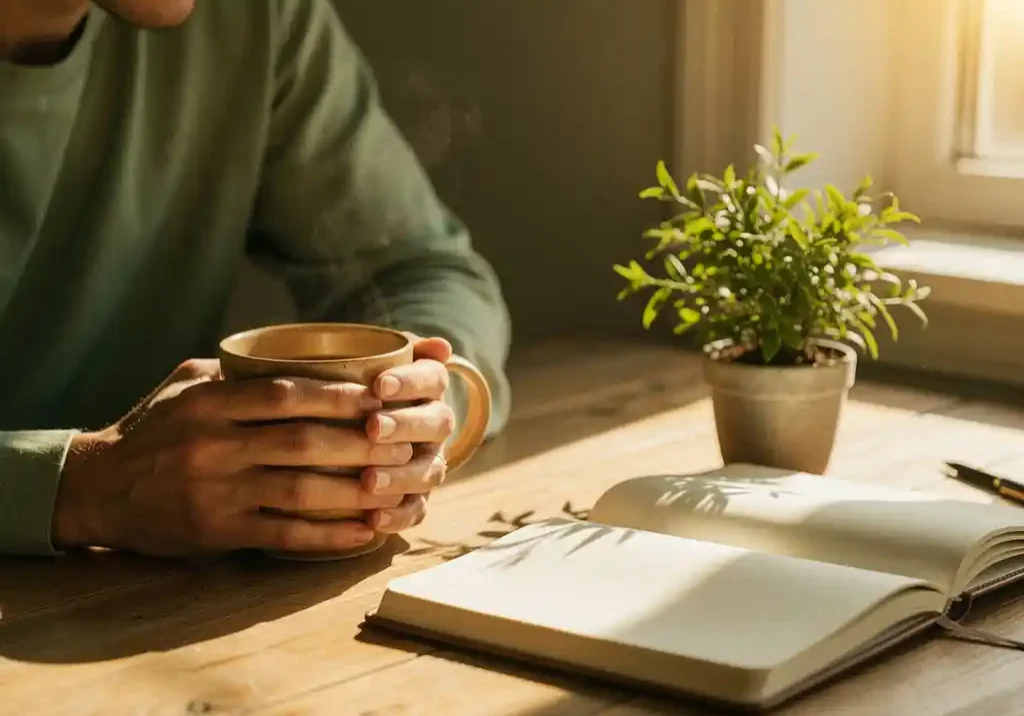 Uitgeputte professional aan een zonnig houten bureau met warme mok, open dagboek en groen plantje in zacht ochtendlicht.