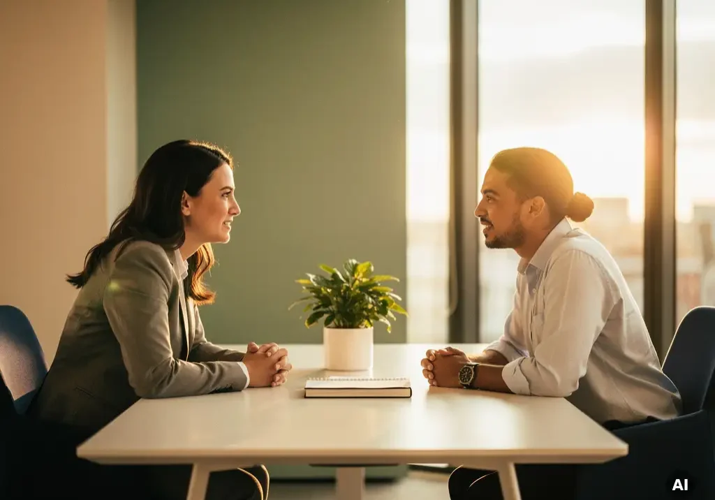 HR-adviseur en medewerker in rustig gesprek aan modern vergadertafel, met plant en notitieboek, warm middaglicht.