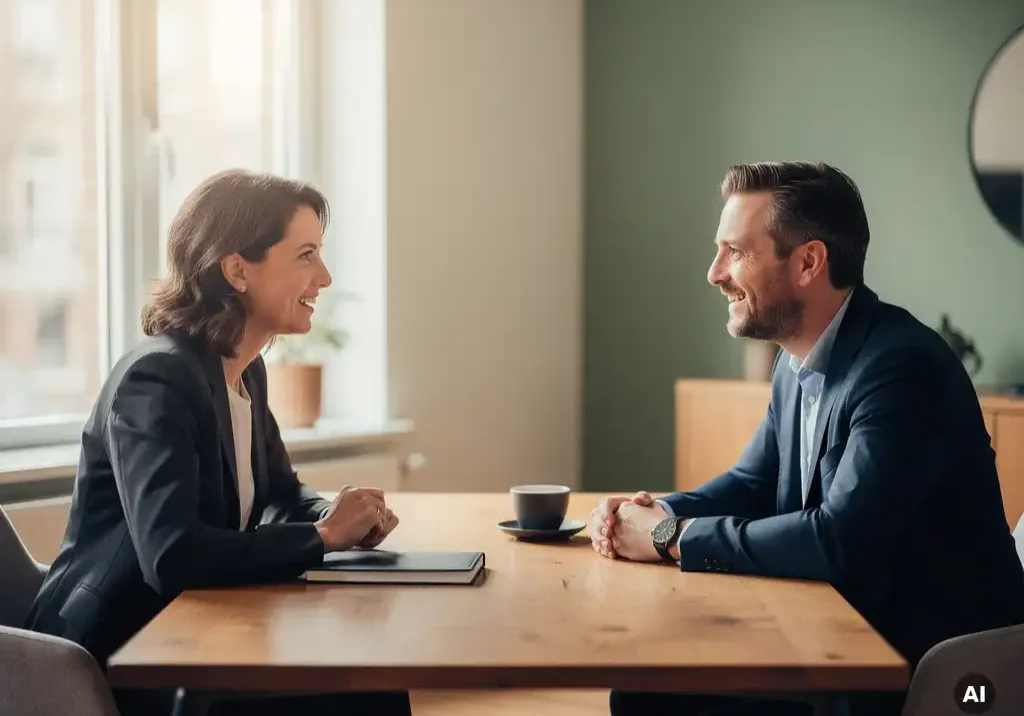 HR-adviseur en mkb-ondernemer in gesprek aan houten bureau in licht Nederlands kantoor, notitieboek en koffiekopje op tafel.