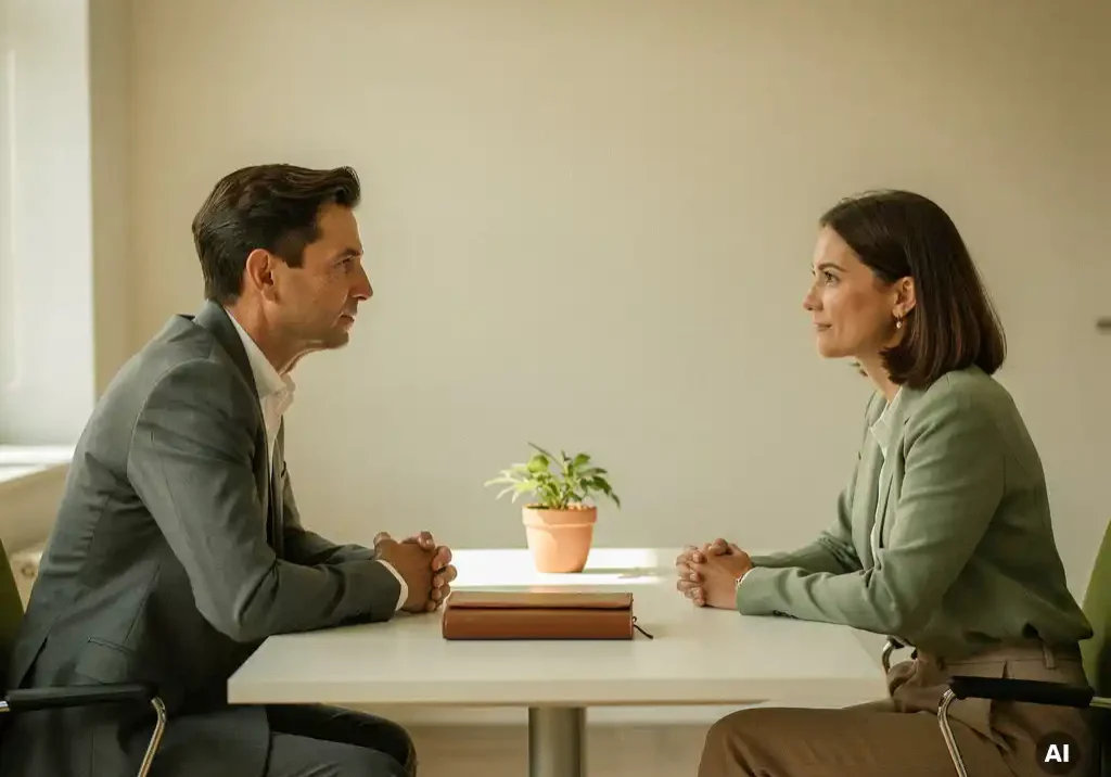 HR-adviseur en medewerker in vertrouwelijk gesprek aan kantoortafel met leren notitieboek en potplant, warm en zorgzaam.