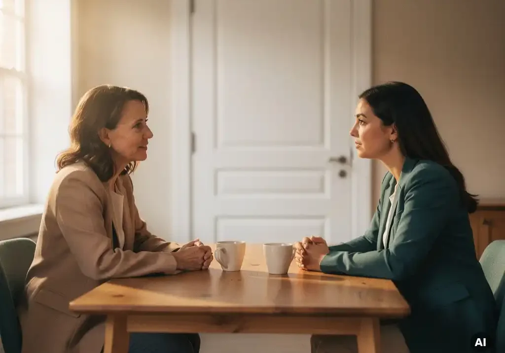 HR-adviseur en medewerker in vertrouwelijk gesprek aan houten tafel met twee koffiekopjes in rustig kantoor.