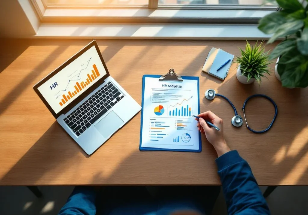 Bovenaanzicht van modern bureau met laptop met HR-analyses, medische formulieren en stethoscoop op houten oppervlak