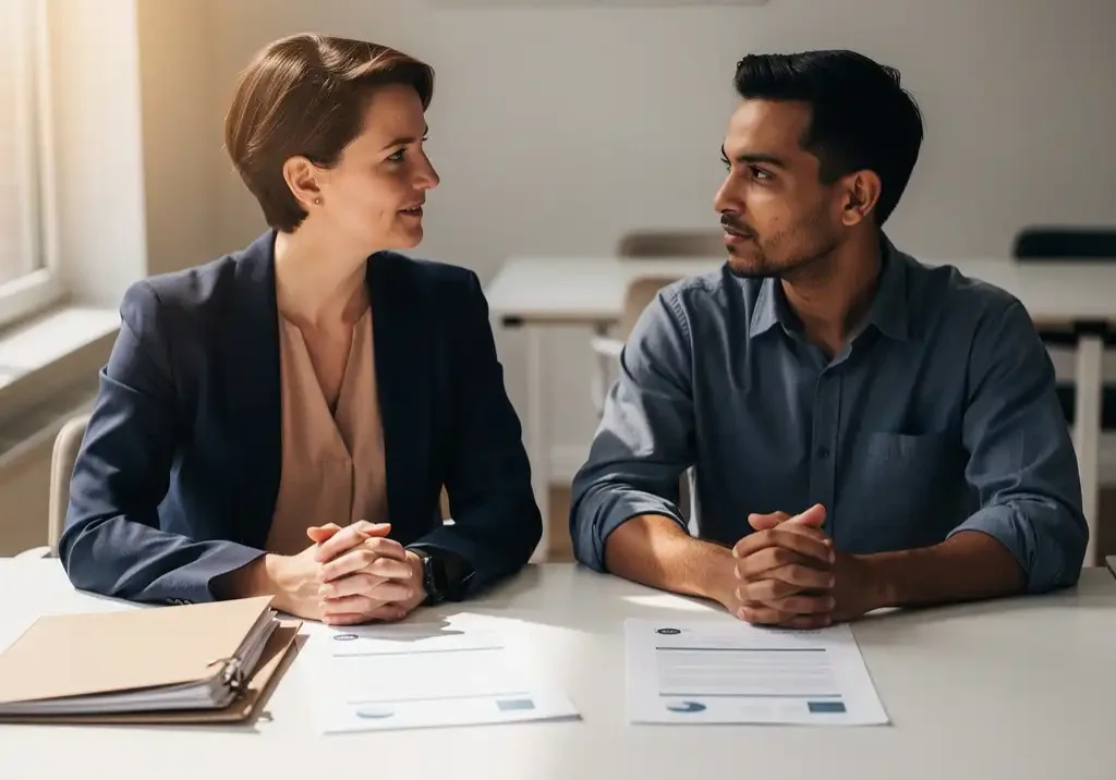 HR-consultant en medewerker bekijken officiële documenten op modern bureau in professionele kantooromgeving.