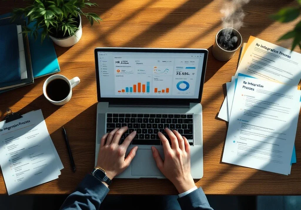 HR-professional werkt aan laptop met reïntegratie-dashboard op modern bureau met georganiseerde documenten en koffie