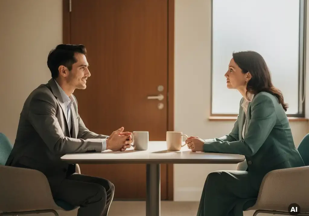 HR-professional in gesprek met collega in privékantoor, twee keramische mokken op tafel, warme neutrale tinten, natuurlijk licht.