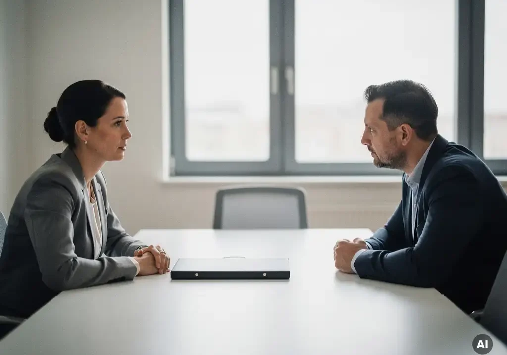 HR-manager en medewerker in serieus gesprek aan modern kantoorbureau met gesloten dossiermap, zacht daglicht.