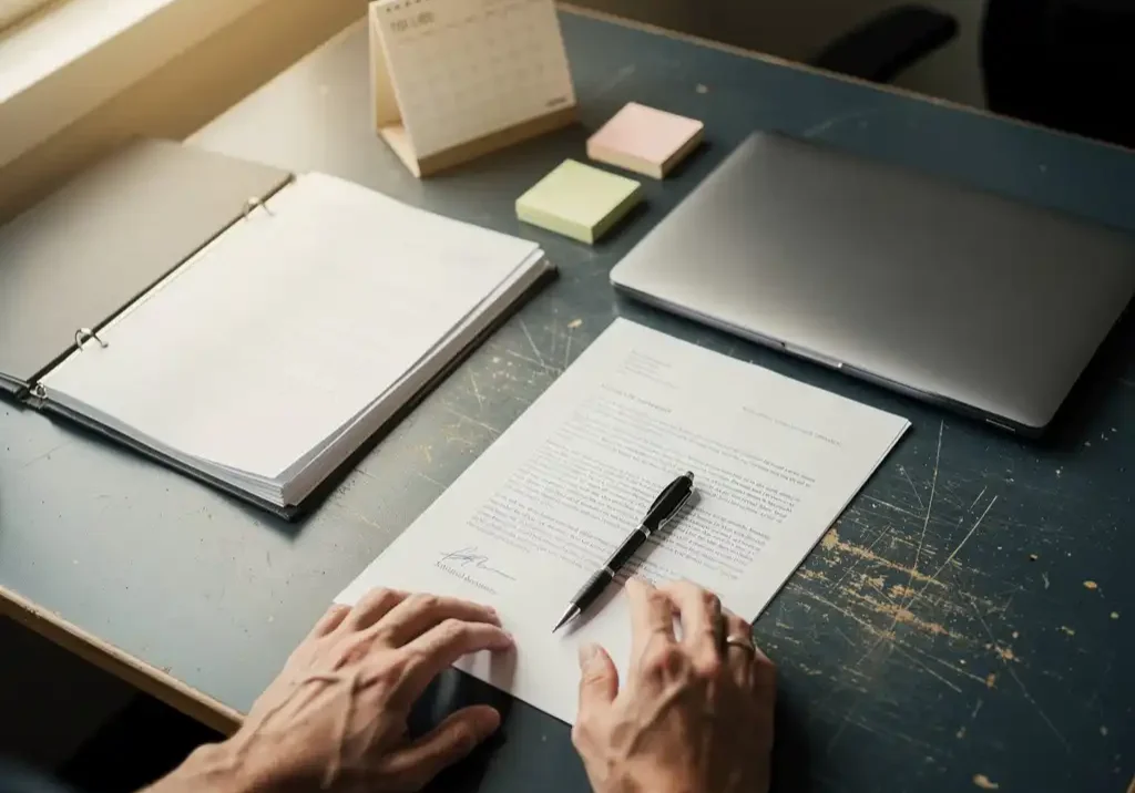 HR-manager bekijkt ondertekend document bij open personeelsdossier op bureau met kalender en plaknotities.