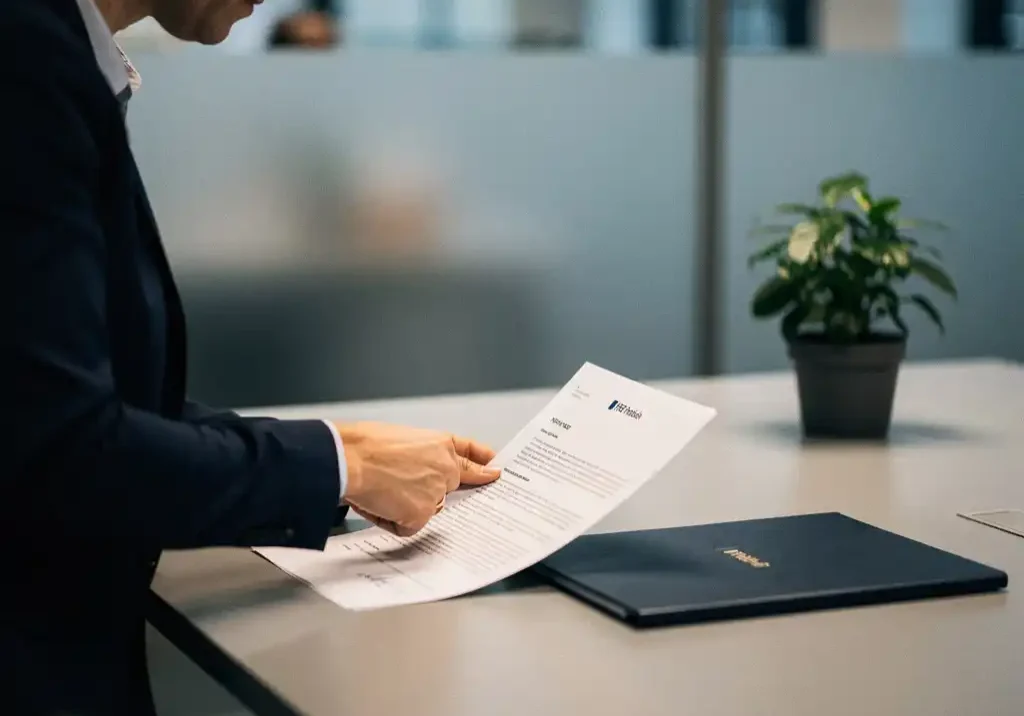HR-manager plaatst formele schriftelijke kennisgeving op kantoorbureau naast gesloten personeelsdossier, zakelijke Nederlandse omgeving.