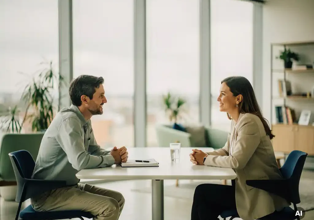 HR-manager in gesprek met medewerker aan moderne kantoortafel, open houding, natuurlijk licht, professionele sfeer.