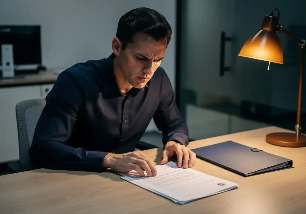 Gestresste HR-manager aan Nederlands bureau met officiële overheidsbrief en gesloten personeelsdossier onder warm amberkleurig lamplicht.