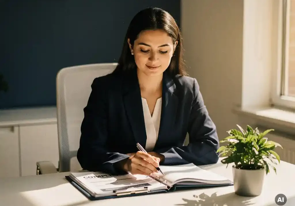 HR-professional bekijkt compliance-dossier aan zakelijk bureau met groene plant en warm natuurlijk zijlicht.